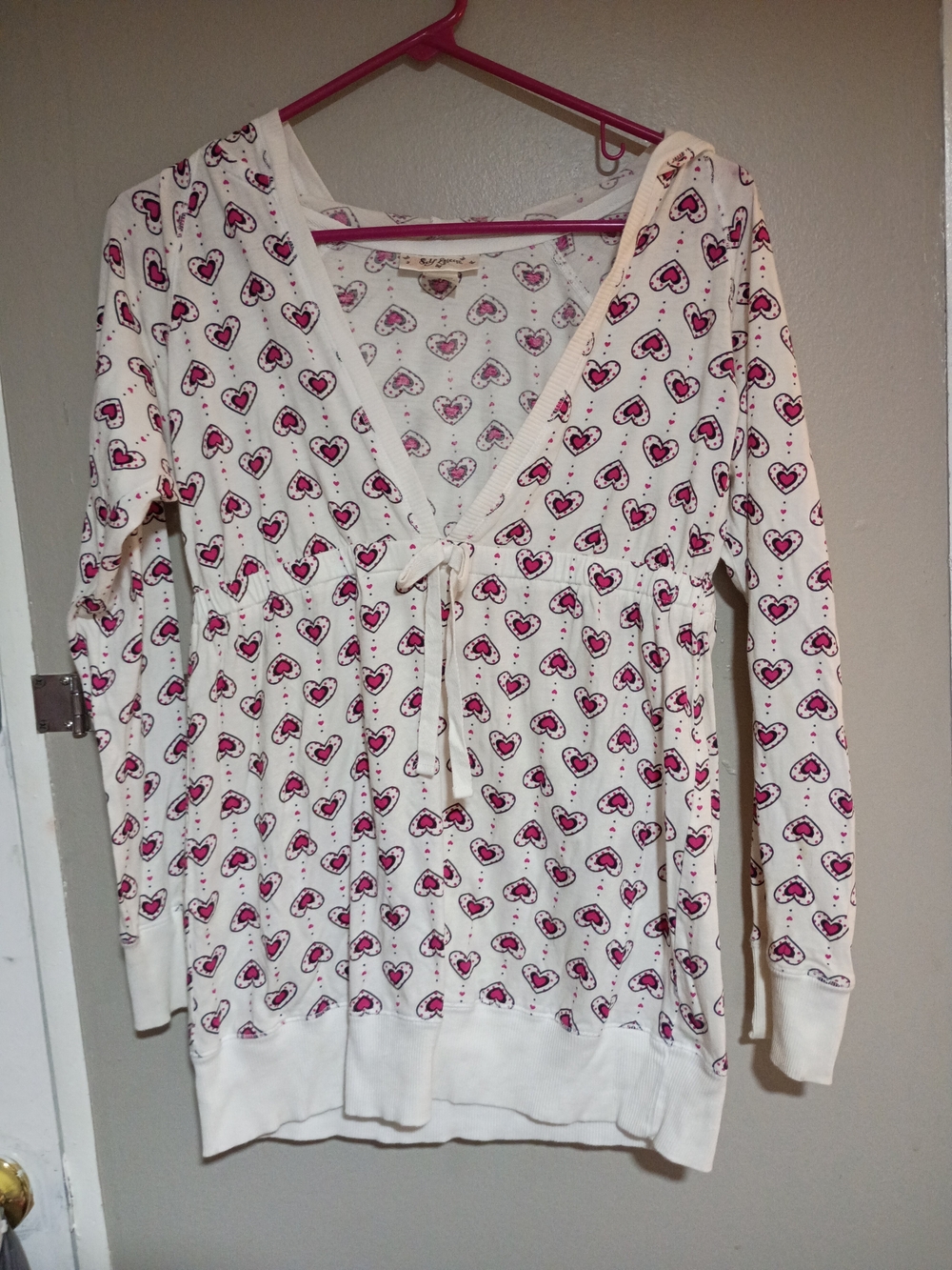 Self Esteem White Long Sleeve Top with Pink Heart Print